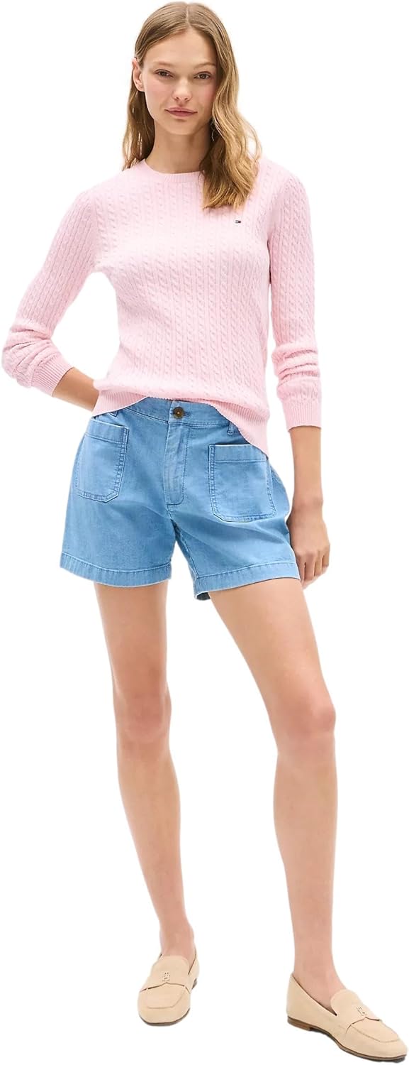 Коллекция женских свитеров Tommy Hilfiger Cable Kint с круглым вырезом и логотипом-флагом 2025 года, Pink Heather — фото 2