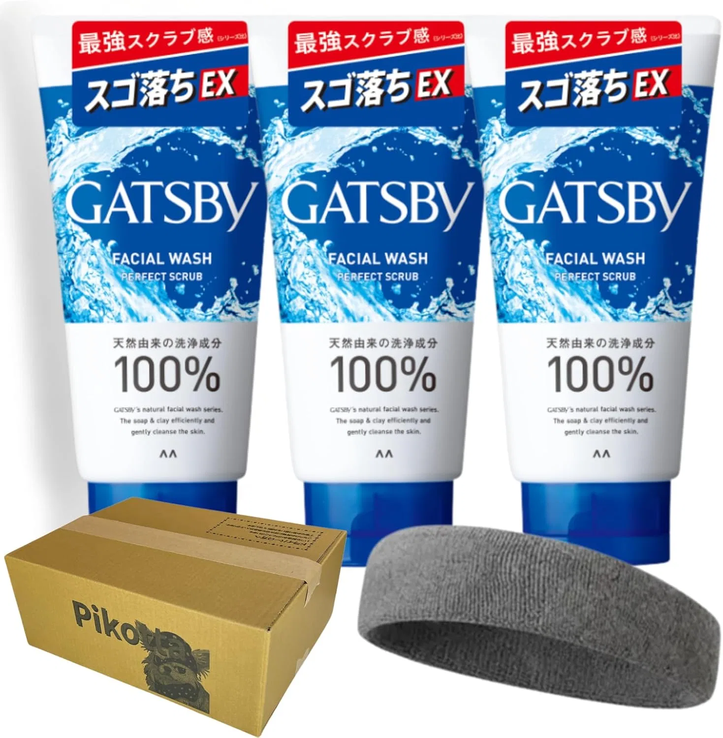Скраб для лица Gatsby Facial Wash Perfect Scrub for Men Pikotta, набор 3 шт + тюрбан, 130 г, освежающий цитрусово-океанический аромат
