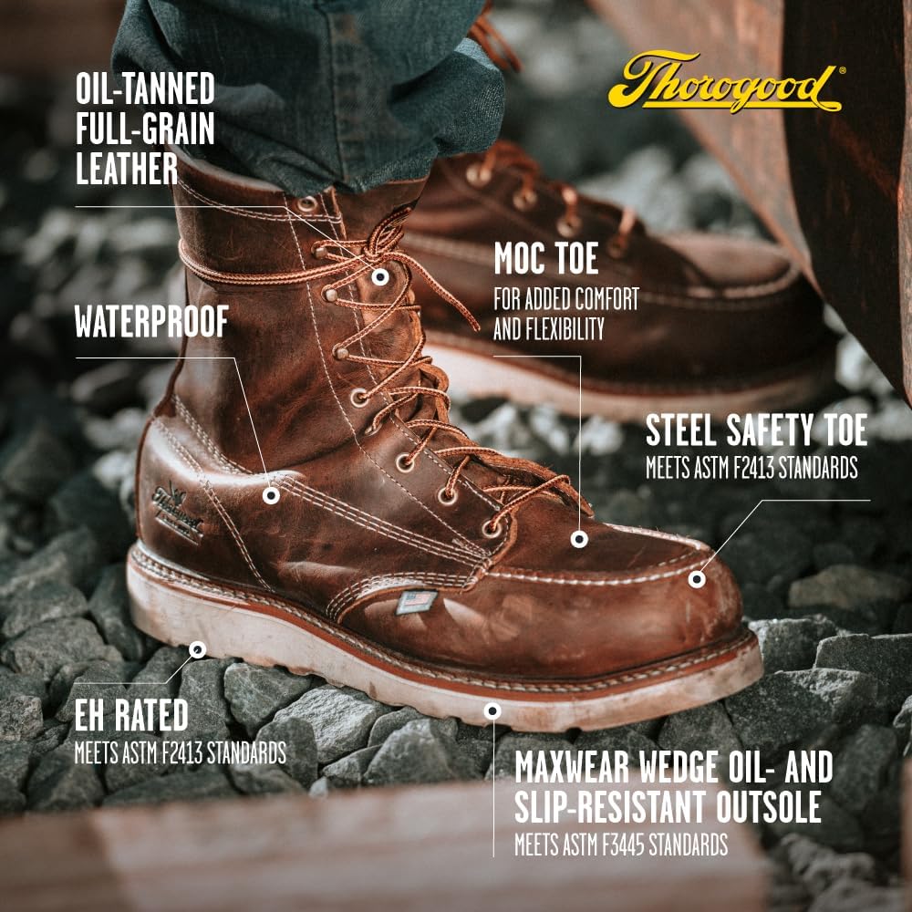 Ботинки Thorogood American Heritage для мужчин с стальным носком, 20 см - из кожи высокого качества с Мок-Тоу, противоскользящей подошвой клиновидной формы и комфортной стелькой; сертифицированы по стандарту EH, Trail Crazyhorse — фото 4