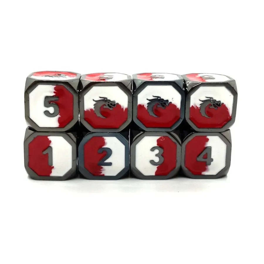 

Набор d6 — черный никель с красным и белым (8), Metal Dice - Dragon Forged