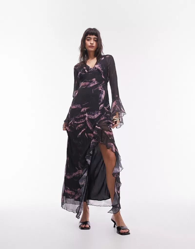

Разноцветное платье миди с оборками и перьями Topshop Georgette