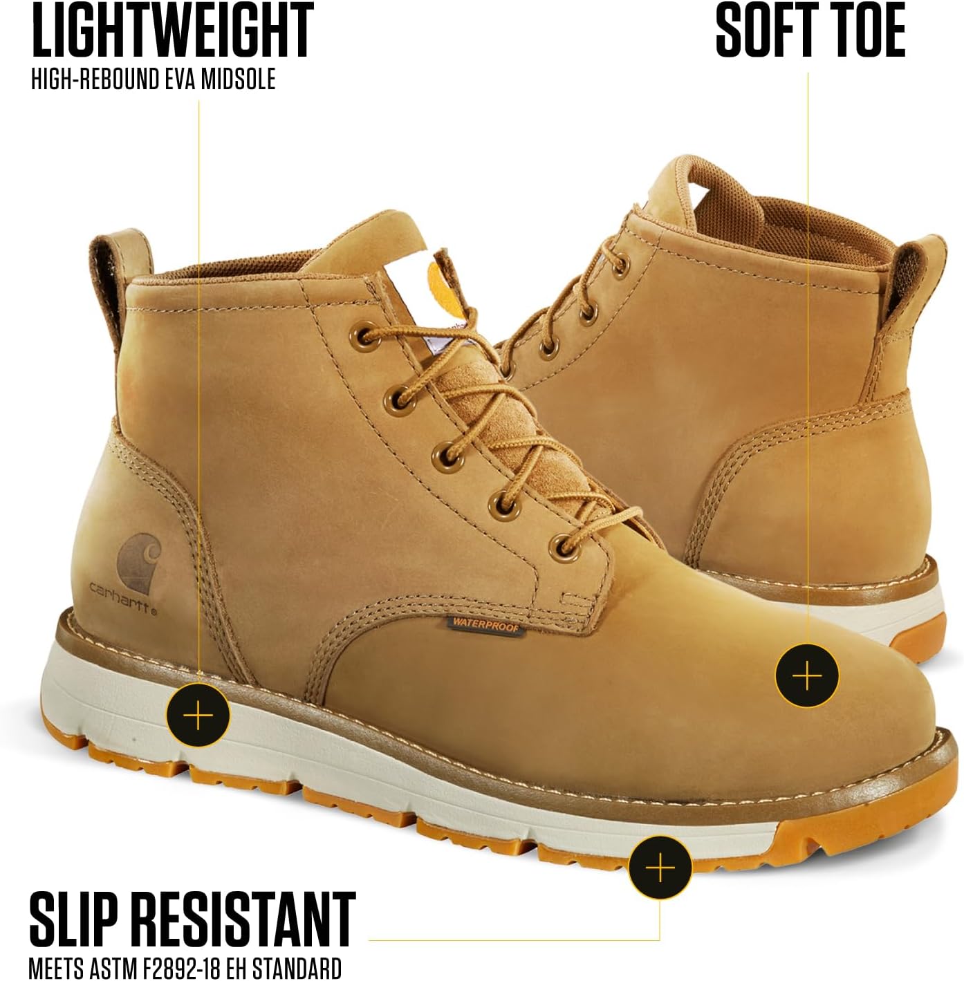 Carhartt Millbrook Waterproof Wedge Boot - рабочие ботинки для мужчин, устойчивые к скольжению и поражению электрическим током, с высотой голенища 5", дышащей мембраной и легкой промежуточной подошвой из EVA, Coyote Nubuck — фото 3