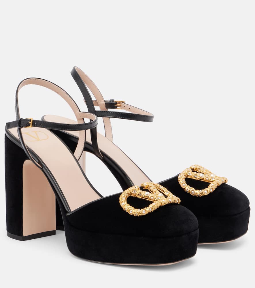 Туфли-лодочки на платформе из бархата Valentino Garavani, Nero/Cream-Crystal