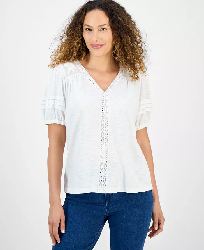 

Повседневный топ с комбинированной отделкой Petite Mixed Trim Top Style & Co, белый