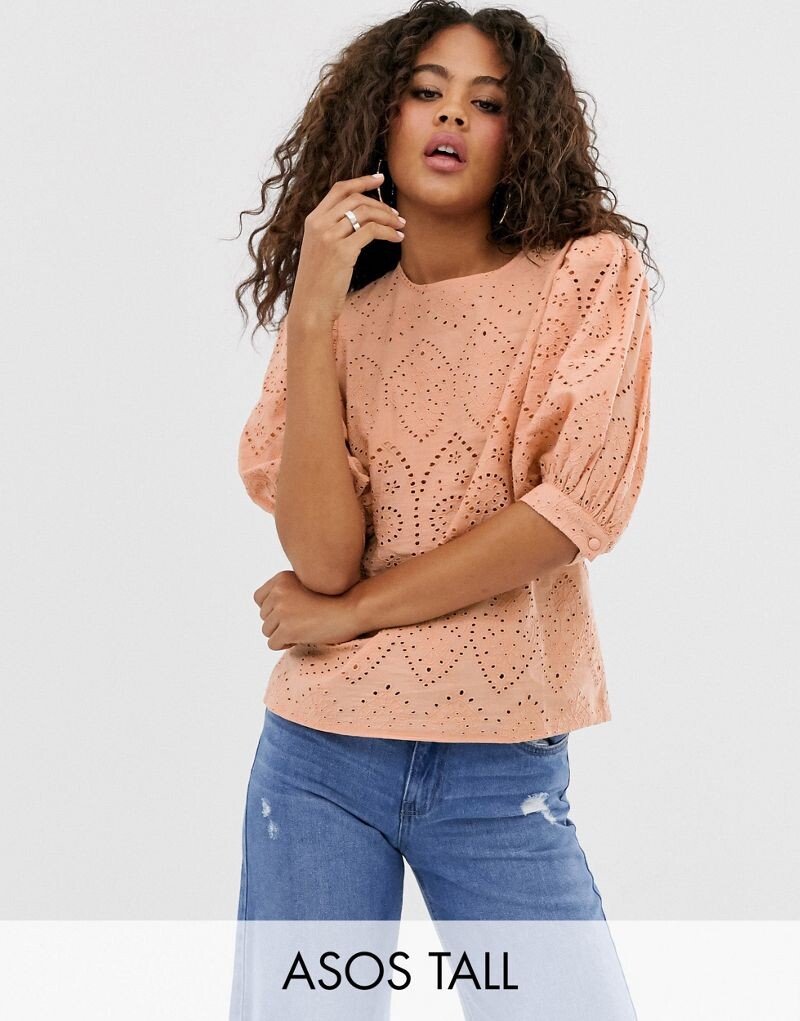 

Топ с короткими рукавами и объемными рукавами из вышивки ASOS DESIGN Tall