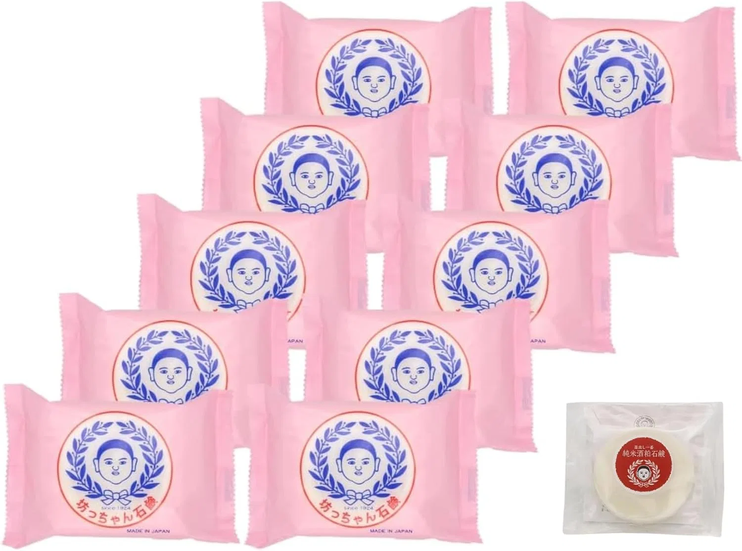 Мыло брусковое Botchan Soap без добавок, набор 10 шт. + мини-мыло Sake Lemon, 175 г, белый