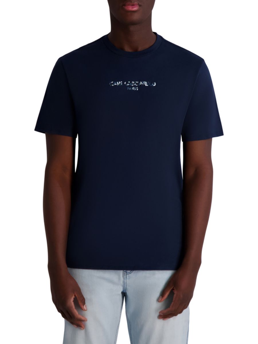 

Хлопковая футболка с камуфляжным логотипом Karl Lagerfeld Paris, темно-синий