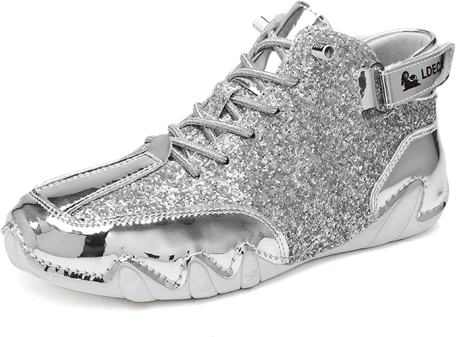 

Высокие блестящие кроссовки с круглым носком, шнуровкой, комфортные, легкие и нескользящие Eggdk, серебро