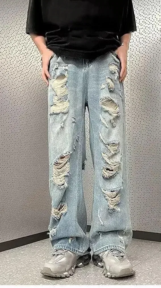 Джинсы прямые свободные высокие, Men's Denim Pants, синий — фото 2