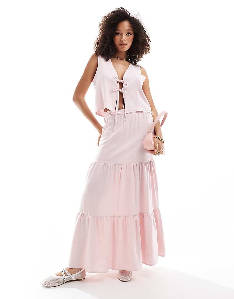 

Miss Selfridge – длинная розовая льняная юбка