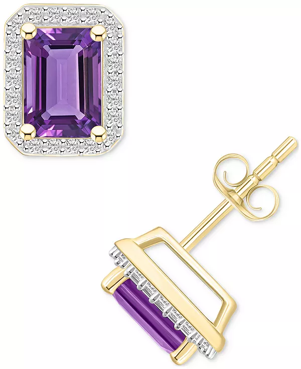 

Квадратные серьги-гвоздики с ореолом из 10-каратного золота (также с другими драгоценными камнями) с цитрином (2 карата) и выращенным в лаборатории белым сапфиром (1/4 карата) Macy'S, amethyst