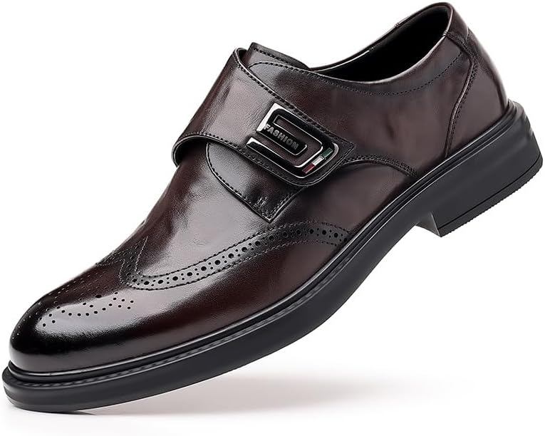 

Мужские оксфорды слипоны с монк-ремнем, тиснением, затемненным носком, из веганской кожи, с противоскользящей резиновой подошвой для улицы Lhyxu, коричневый