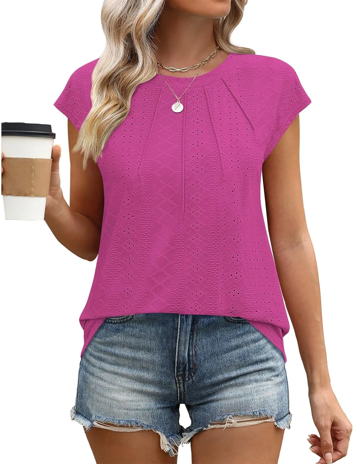 Блуза с вышивкой и коротким рукавом, D005-hot Pink