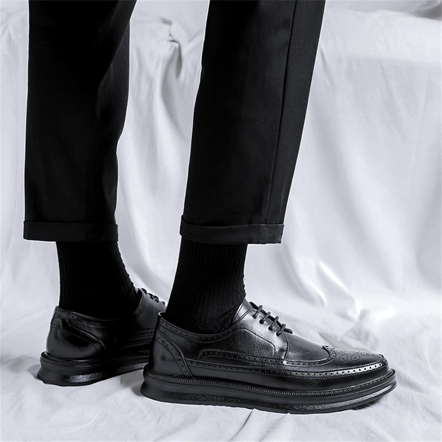 Мужские кожаные оксфорды с перфорацией Wingtip, дышащие, на шнуровке, с противоскользящей резиновой подошвой, ортопедическим комфортом для деловой одежды Jhfdioy, черный — фото 4