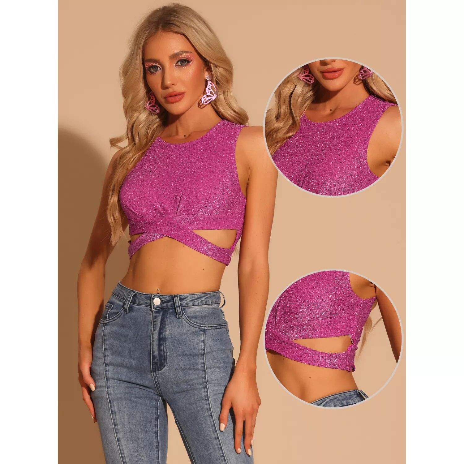 

Женский блестящий укороченный топ без рукавов с круглым вырезом и перекрещиванием ALLEGRA K