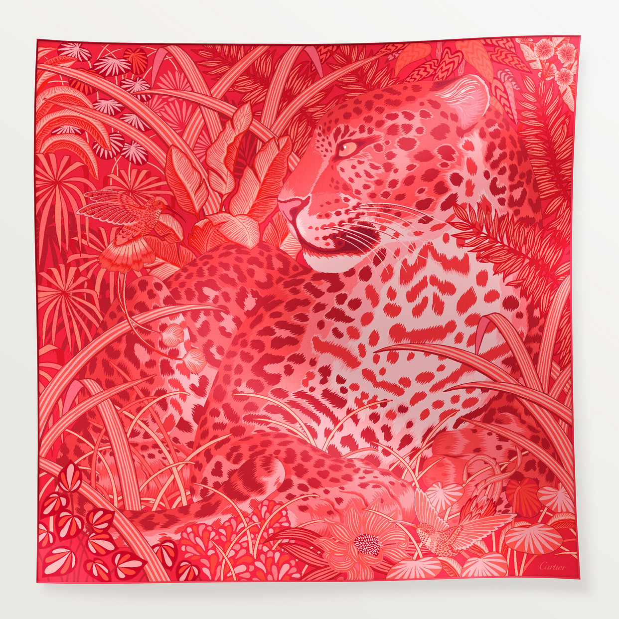 

Женский платок Cartier Carré 90, Panther in the Jungle, красный и коралловый шелковый твил
