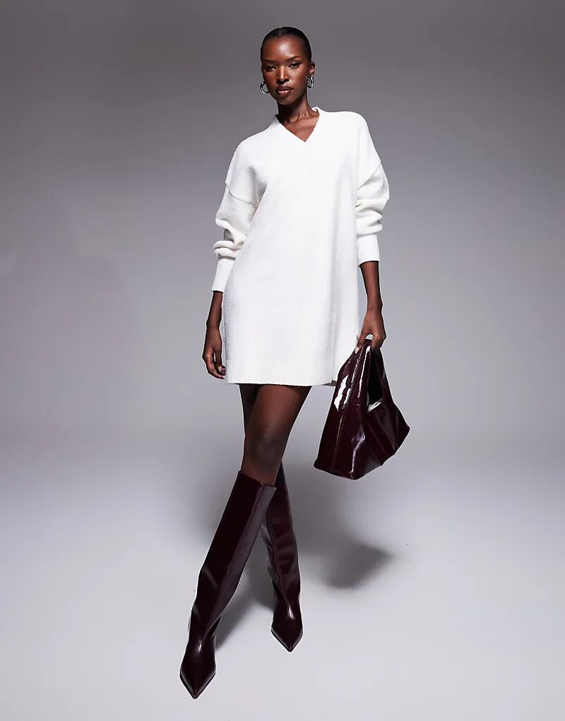 

Трикотажное мини-платье Aria Cove свободного кроя с V-образным вырезом и рукавами-фонариками кремового цвета