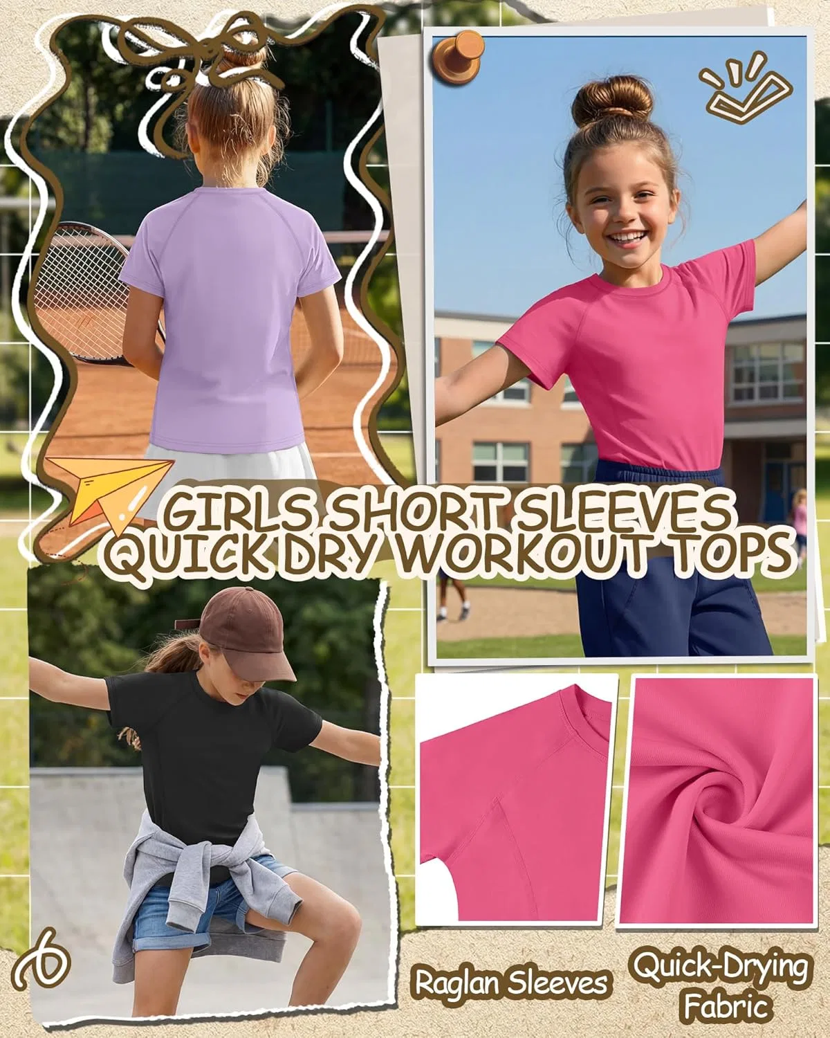 Комплект детских футболок для активного отдыха 4 шт, LessonZoo, Rose Red, Light Blue, Taro Purple, Black, размеры 5-14 лет — фото 2