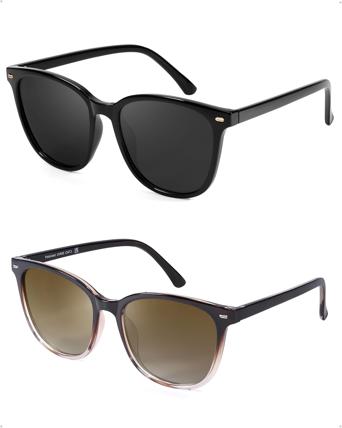 

FIMILU 2 пары солнцезащитных очков для женщин, поляризованные линзы с защитой UV400, большая оправа, модные очки, стильные и стильные, A11(2 Pack)black Frame/Grey Lens+gradient Brown Frame/Brown Lens