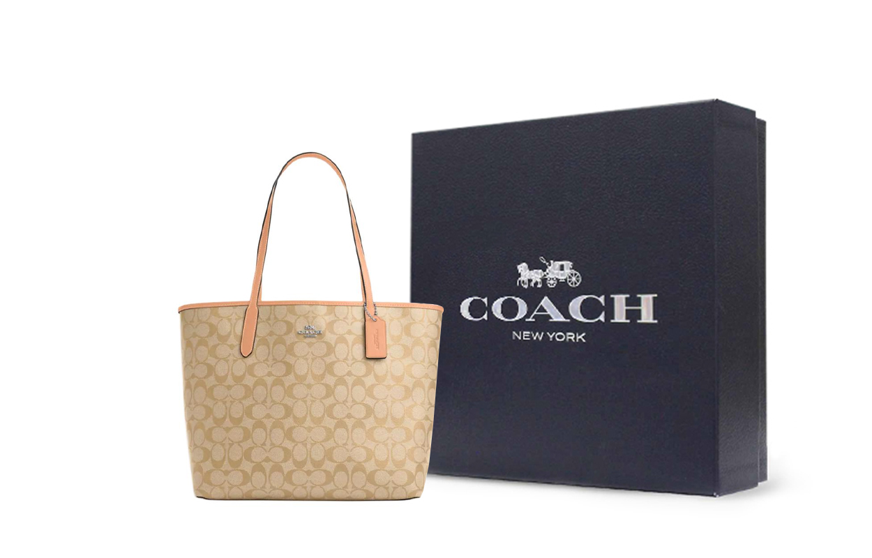 

COACH Городская холщовая сумка-шоппер Сумка через плечо Женская сумка Большого размера Светлый хаки и выцветший румянец