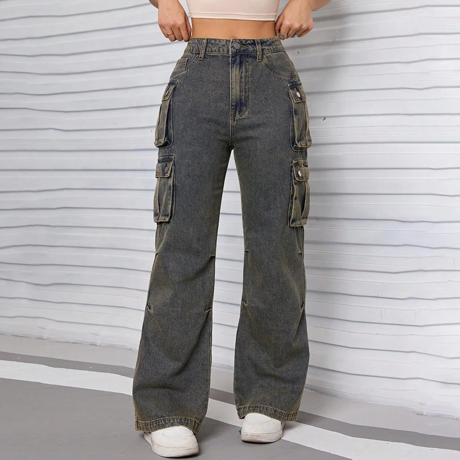 Джинсы карго с множеством карманов, высокие, мешковатые, Wide Leg, серый — фото 2