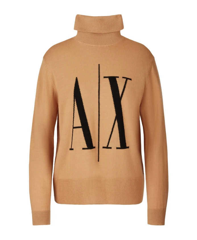 

Бежевый шерстяной свитер осенне-зимней коллекции 2024 года с воротником-поло. Armani Exchange, бежевый