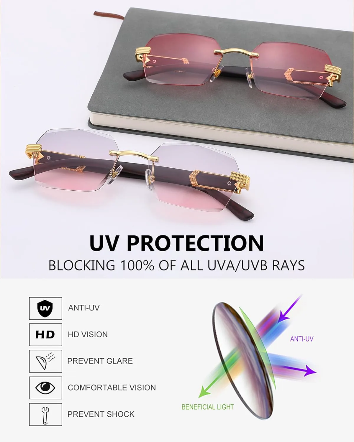 

Солнцезащитные очки Pro Acme без оправы, прямоугольной формы, для мужчин и женщин, шестиугольные солнцезащитные очки, безрамочные очки в стиле Y2K, C06 Grey Pink