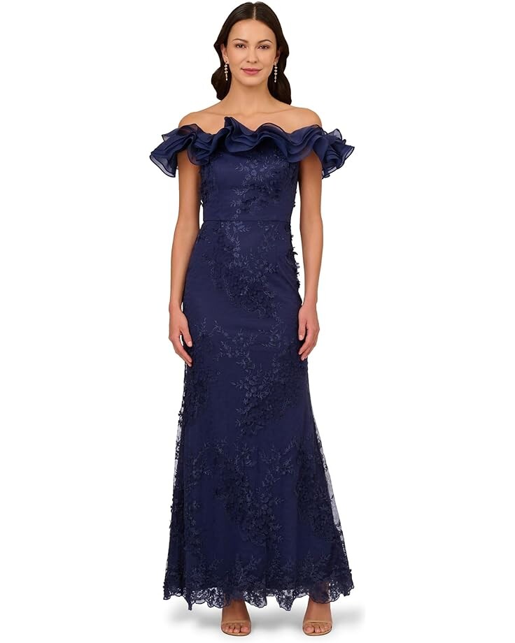 

Платье Adrianna Papell Floral Ruffle Gown, нави