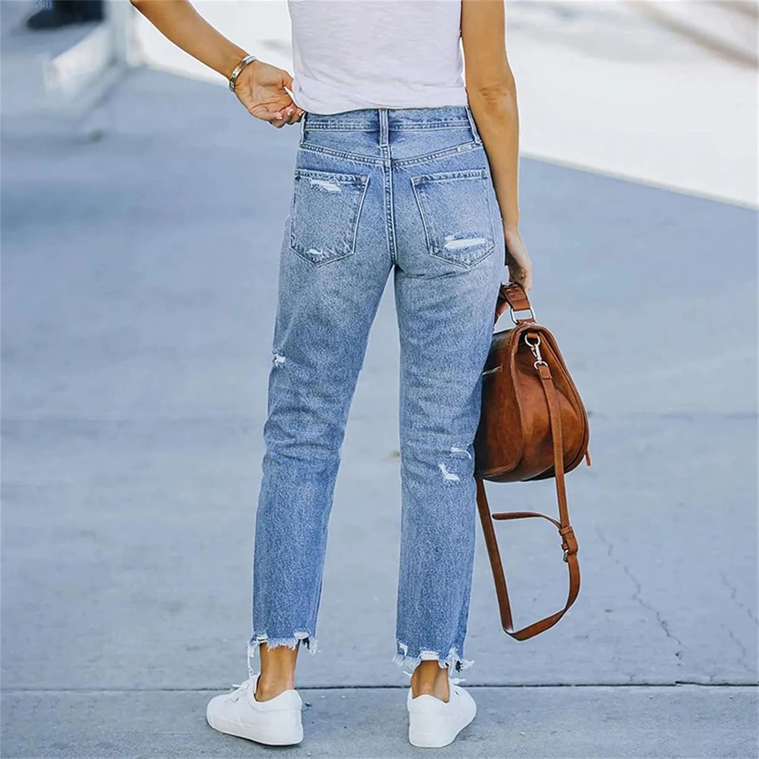 Женские джинсы Stretch с высокой талией, рваные, Trend Blue — фото 4
