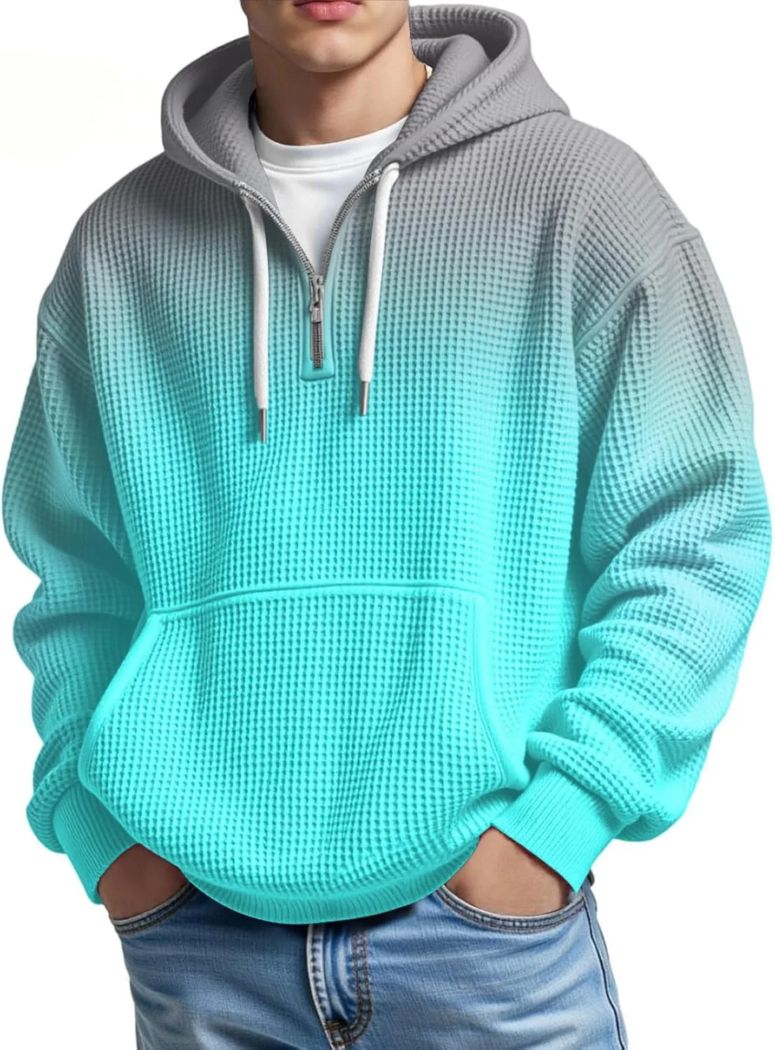 

Мужская худи с четвертью молнии градиентная вафельная с капюшоном и карманом