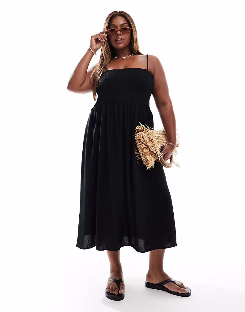 

Платье-комбинезон на бретельках Vero Moda Curve Easy черного цвета с присборенной юбкой