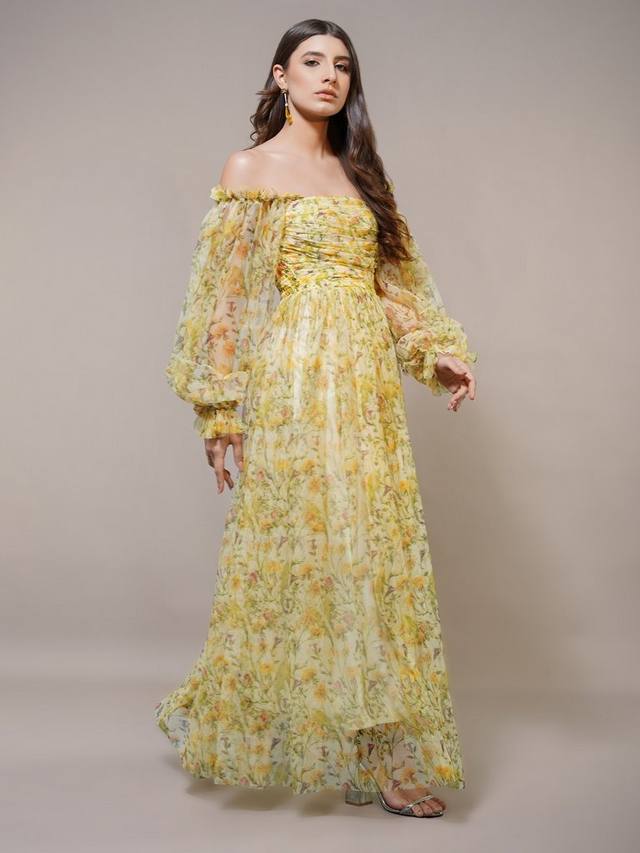 

Макси-платье с открытыми плечами в цветочек от lana Lace & Beads, цвет Yellow/Multi