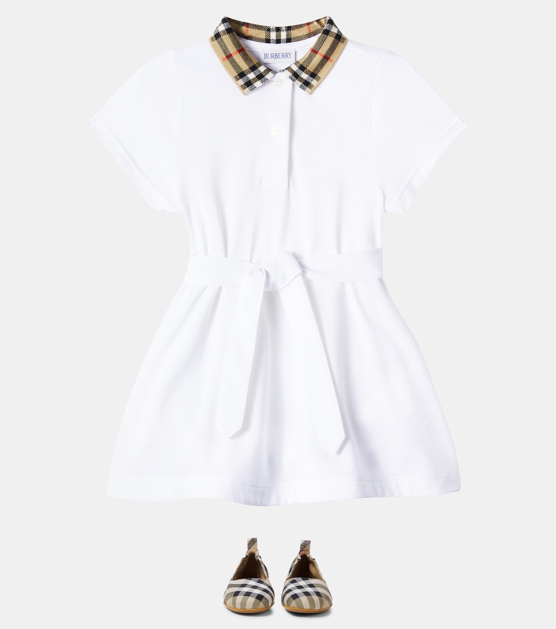 Бурберри Чек хлопковое поло-платье Burberry Kids, белый — фото 2