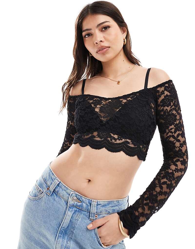 

Vero Moda – Черный кружевной укороченный топ с длинными рукавами