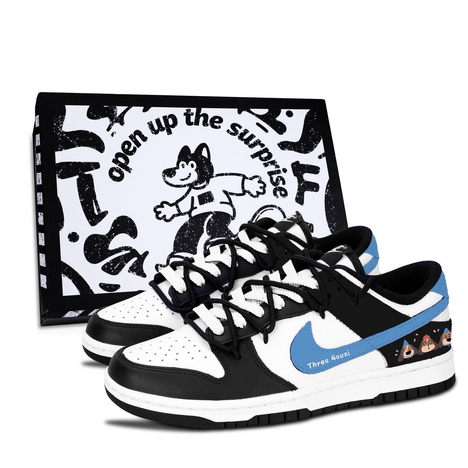 

Nike Dunk Black White, Three Dogs Fun Illustration Slip Resistant Abrasion Resistant Lightweight Cushioning Low top