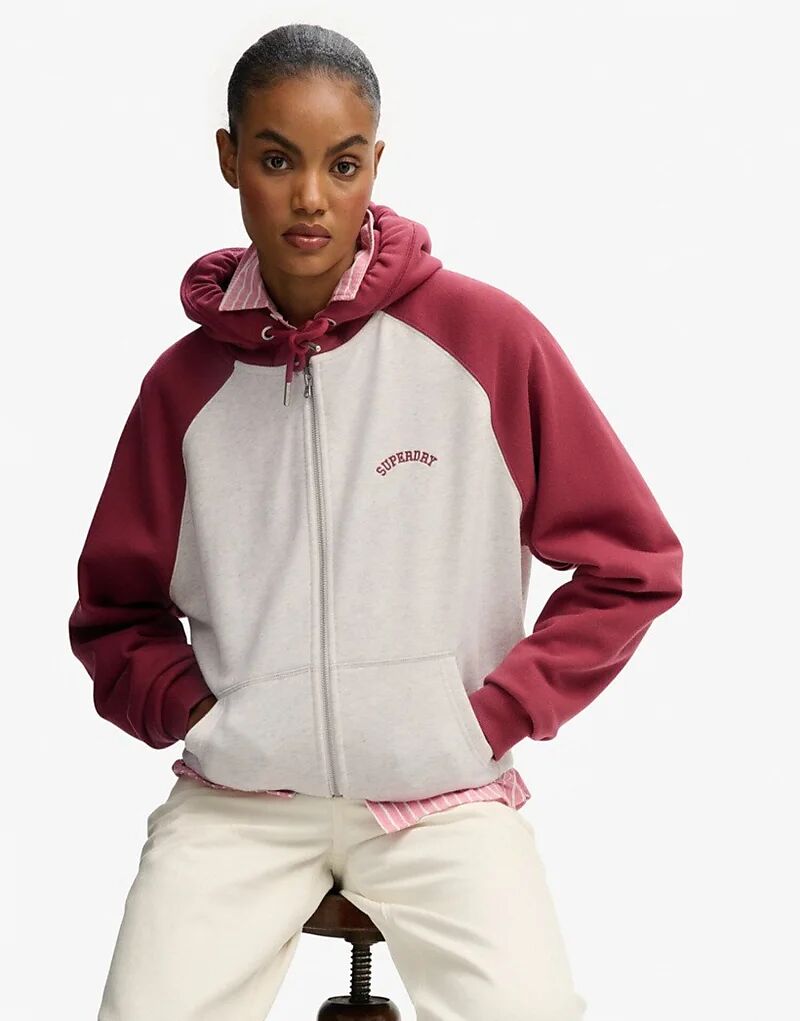 

Толстовка Superdry Essential с капюшоном и застежкой-реглан на молнии с логотипом в цвете винтажный белый/бордо-красный
