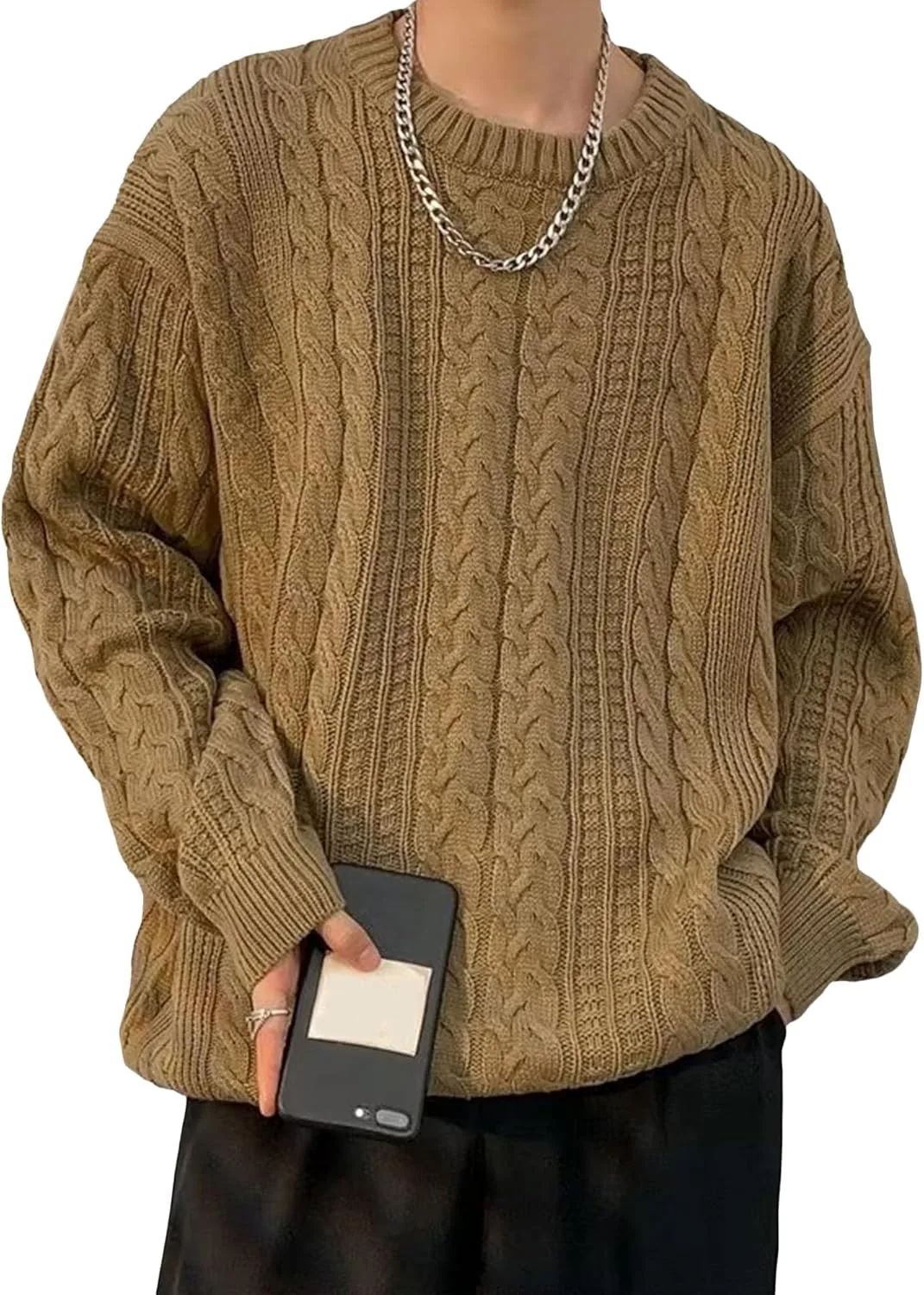 

Мужской свитер с косой вязкой и длинными рукавами