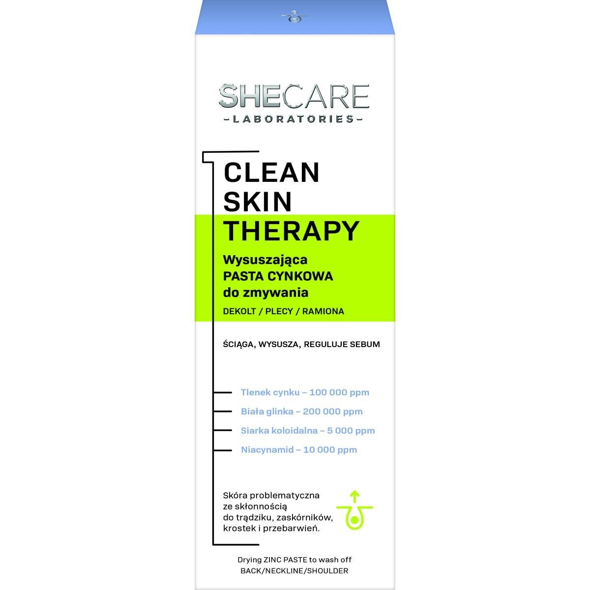 

SHE, Shecare Clean Skin Therapy, Подсушивающая цинковая паста для умывания, 90г