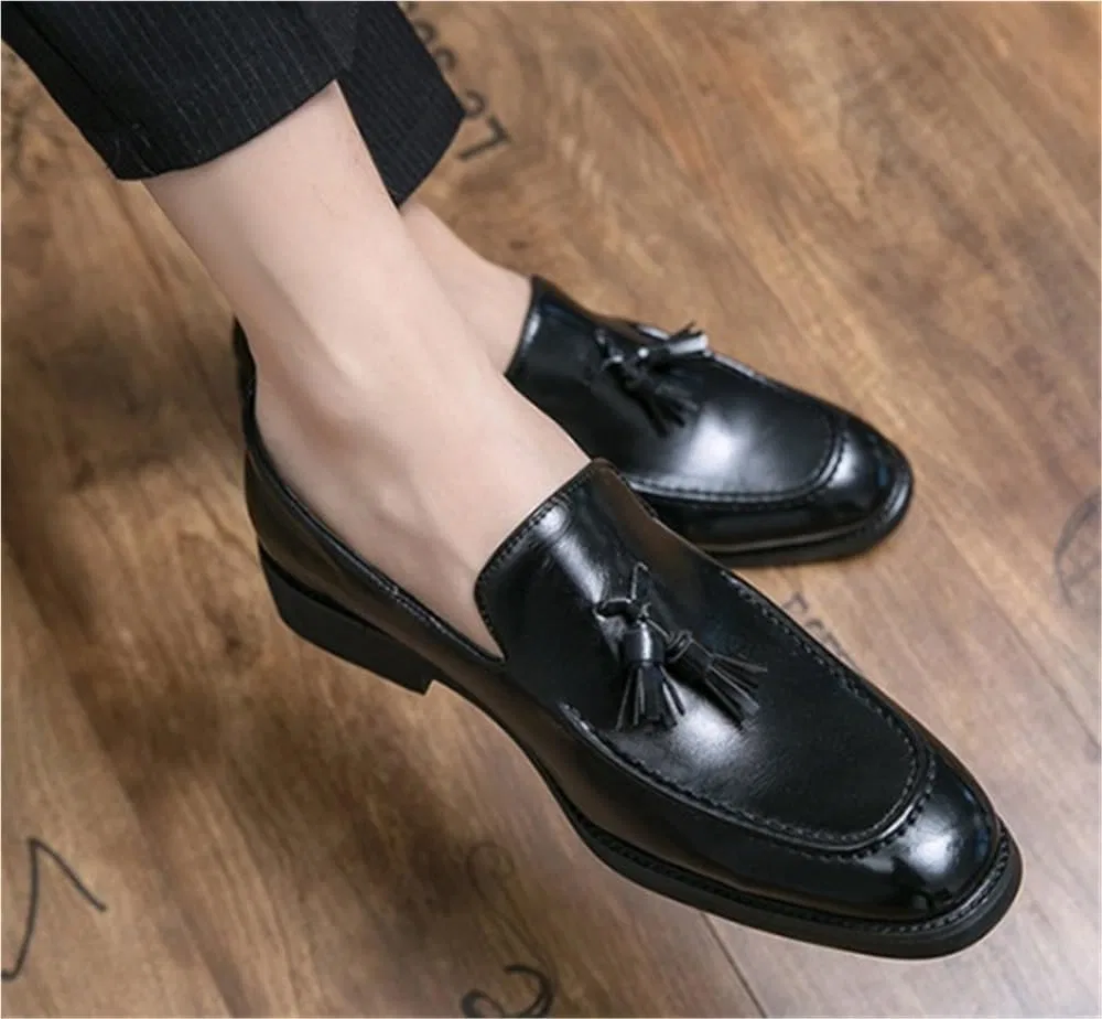 Лоферы мужские Leather Loafers Slip-On с кисточкой, Black DHFIRUFSHLO — фото 2