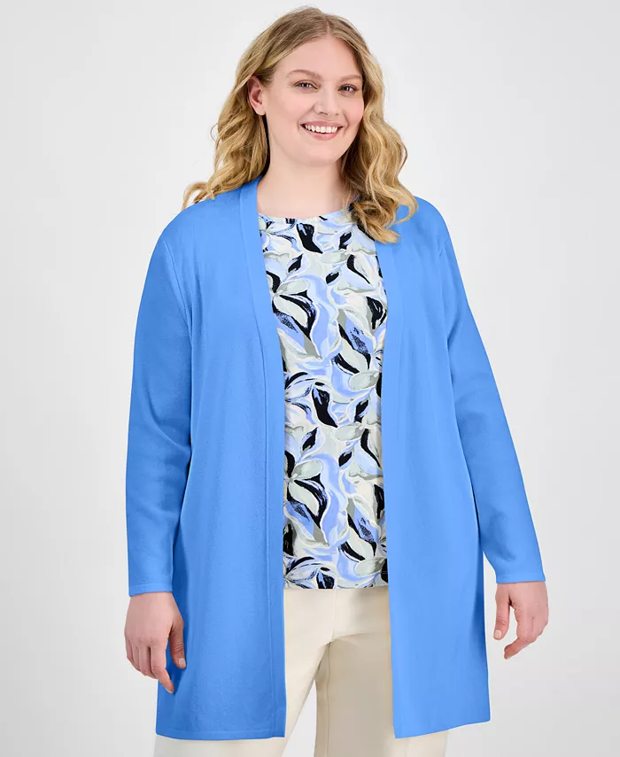 

Кардиган с открытой полочкой, длинными рукавами и разрезами по бокам Plus Size AK Anne Klein, синий