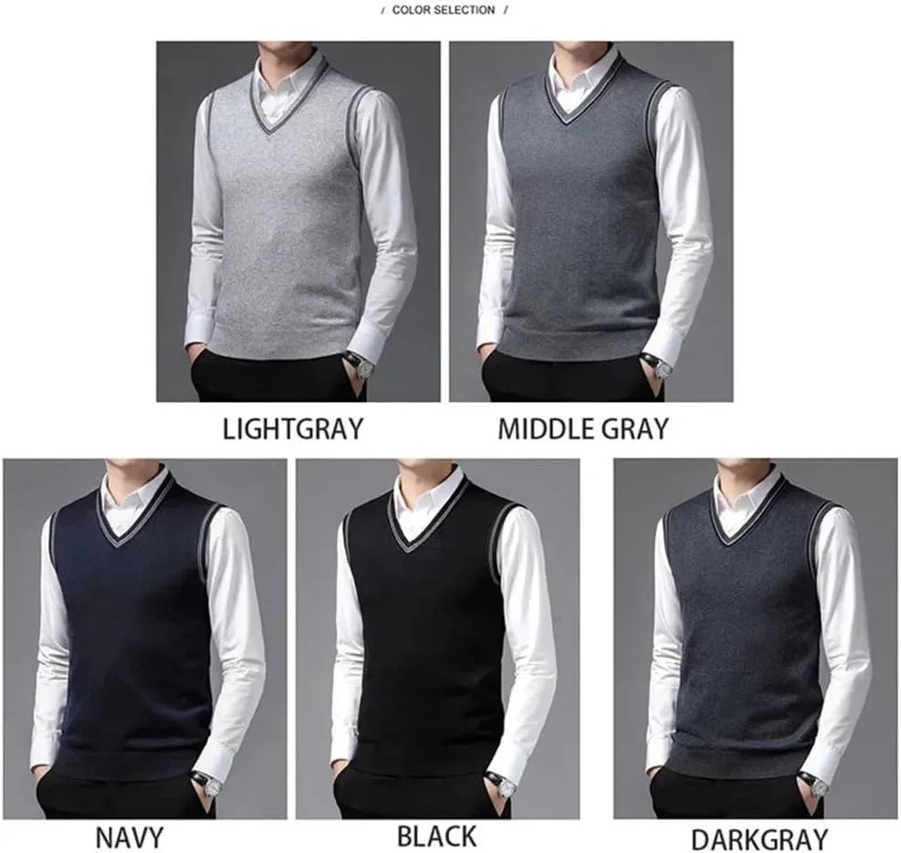 Мужской жилет без рукавов с V-образным вырезом, однотонный, приталенный, вязаный свитер Generic, темно-синий — фото 3