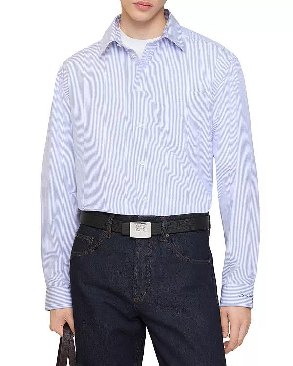 

Рубашка из полосатого хлопкового поплина стандартного кроя Burberry, синий