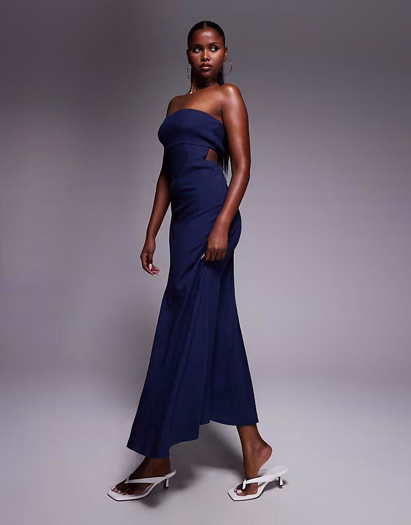 

Длинное платье-бандо Yahir из льна с присборенной спинкой и вырезом, темно-синего цвета Princess Polly