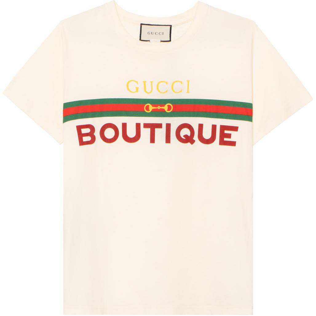 Футболка хлопковая с принтом аутлет белая GUCCI, экрю — фото 2
