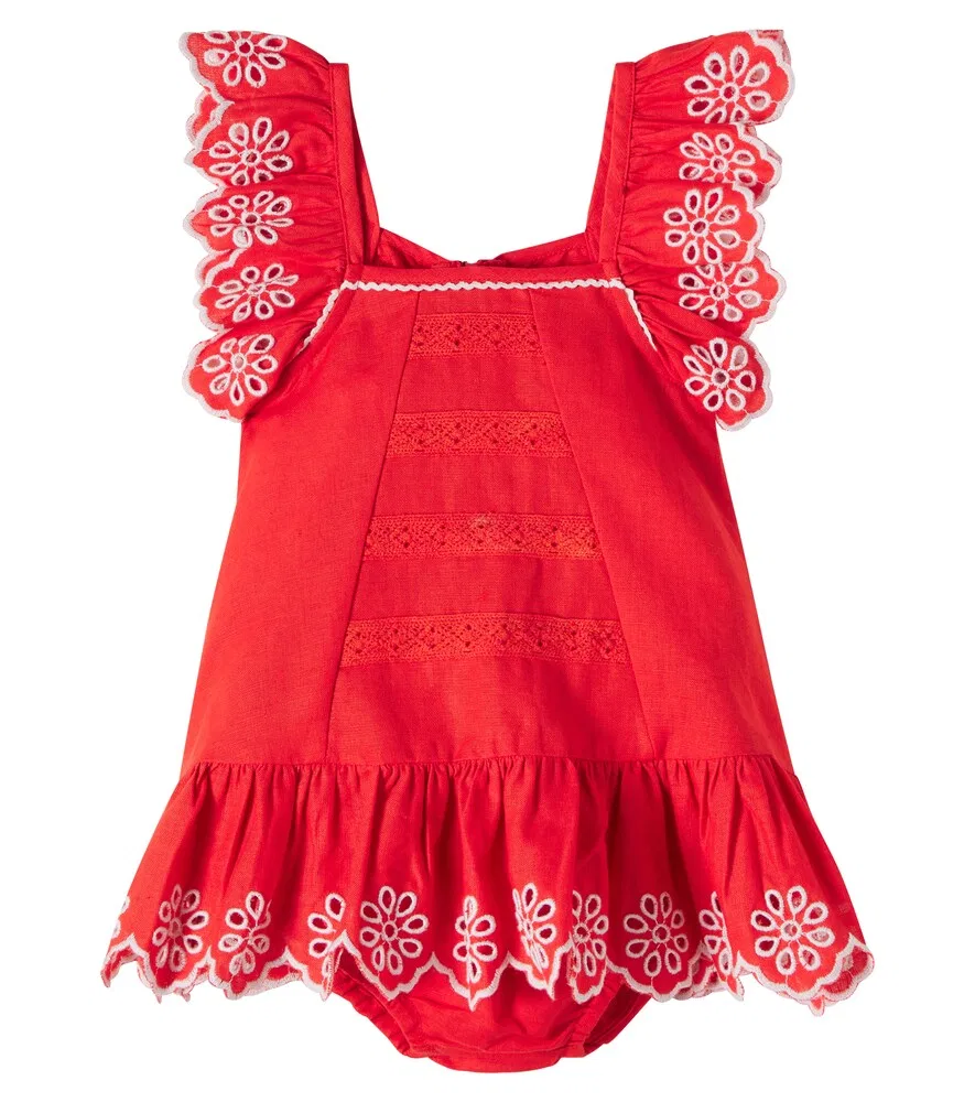 Детское вышитое платье из льна и хлопка Stella McCartney Kids, красный