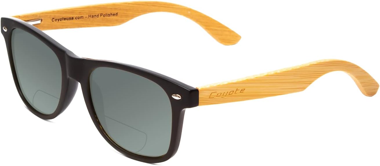 

Поляризованные солнцезащитные очки Coyote Eyewear Woodie | Дужки из натурального дерева | Универсальный дизайн | Чехол для хранения в комплекте, Black/Bamboo/Grey Bi-focal