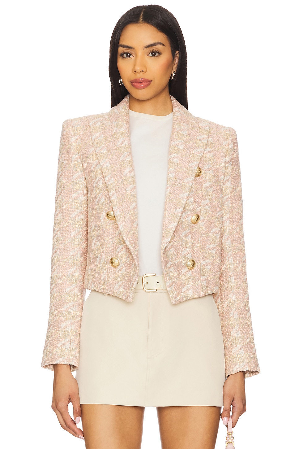 

Короткое блейзерное пиджак L'Agence, ecru, pink & gold houndstooth