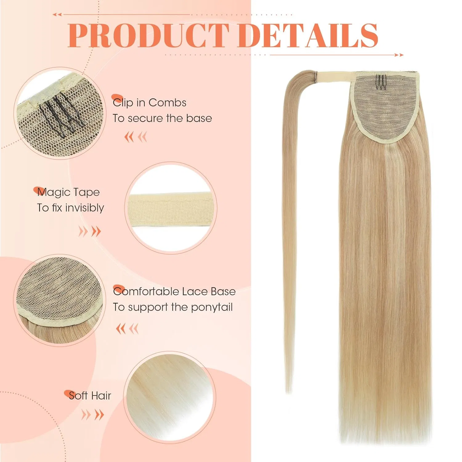 Накладной хвост Benehair из натуральных волос Remy Benehair, #18P613 Ash Blonde & Blonde — фото 2