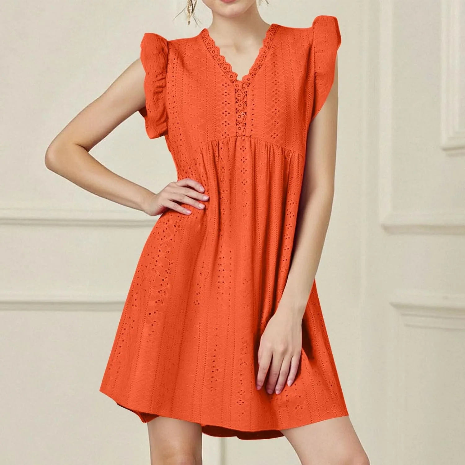 Платье женское Eyelet с коротким рукавом, повседневное, с V-образным вырезом, летнее сарафан в стиле Fashion, свободного кроя, с ажурной отделкой, пляжное Generic, оранжевый — фото 2