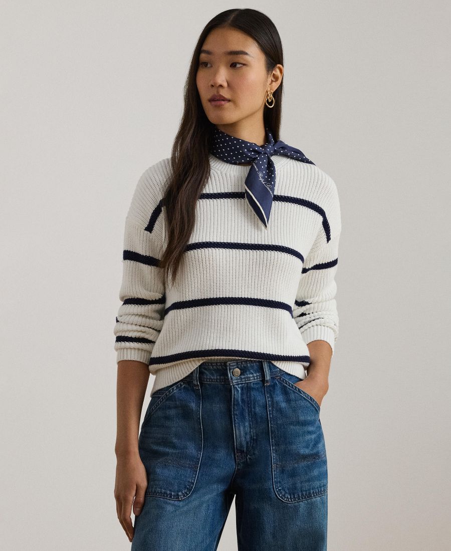 

Женский полосатый хлопковый свитер с круглым вырезом в рубчик Lauren Ralph Lauren, White/refined Navy